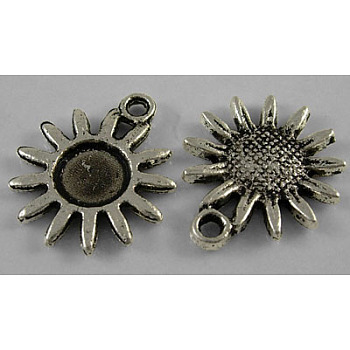 Tibetan Style Alloy Pendant Cabochon Settings, Lead Free and Cadmium Free, Sunflower, Antique Silver, Tray: 6mm, 17x15x2mm, Hole: 2mm