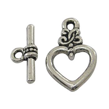 Tibetan Style Toggle Clasps,  Lead Free, Cadmium Free and Nickel Free, Heart, Antique Silver, Heart: 21mm long, 13mm wide, hole: 2mm, Bar: 16.5mm long, hole: 1.5mm