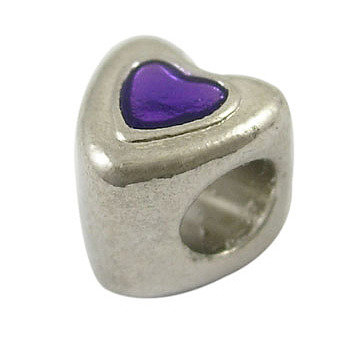Alloy European Beads, Mother's Day Gifts Making, Enamel, Platinum Color, Lead Free and Cadmium Free, Purple Heart, 9mm long, 8.5mm wide, 9mm thick, hole: 4.5mm