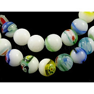 Handmade Millefiori Glass Beads Strands, White Porcelain, Round, Colorful, about 6mm in diameter, hole: 1mm, 67pcs/strand(LK05Y)
