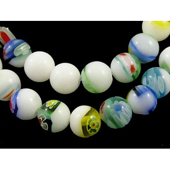 Handmade Millefiori Glass Beads Strands, White Porcelain, Round, Colorful, about 6mm in diameter, hole: 1mm, 67pcs/strand