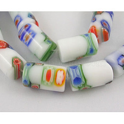 Handmade Millefiori Glass Beads Strands, White Porcelain, Column, Colorful, 12x8mm, Hole: 1mm, about 32pcs/strand, 14.5 inch(LK136)