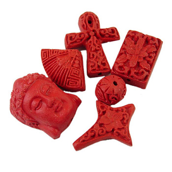 Cinnabar Beads, Carved Lacquerware, Red, about 11.5-34mm long, 9-26mm wide, 8-21mm thick, hole: 2mm, 50pcs/bag