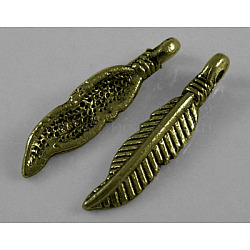 Tibetan Style Alloy Pendants, Feather, Lead Free and Cadmium Free, Antique Bronze, 4x2mm, Hole: 1.5mm(MLF0127Y)