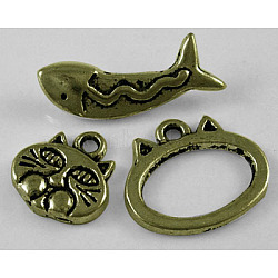 Tibetan Style Kitten Theme Alloy Toggle Clasps, Cat & Fish, Antique Bronze Color, Lead Free & Cadmium Free, Oval: 18x15mm, Cat: 13x12.5mm, Fish: 20x6.5mm, Hole: 2mm(MLF5053Y)