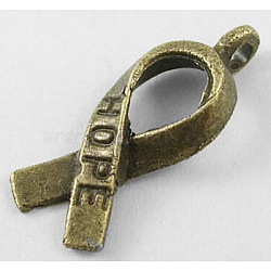 Breast Cancer Awareness Ribbon Carved Word Hope Tibetan Style Alloy Message Pendants, Antique Bronze, Lead Free & Cadmium Free, 18x7.5x3mm, Hole: 1mm(MLF5104Y)