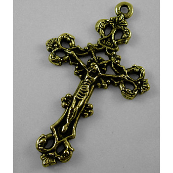Tibetan Style Alloy Pendants, For Easter, Crucifix Cross Pendant, Antique Bronze, Lead Free and Cadmium Free, 43.5x26x3mm, Hole: 2mm