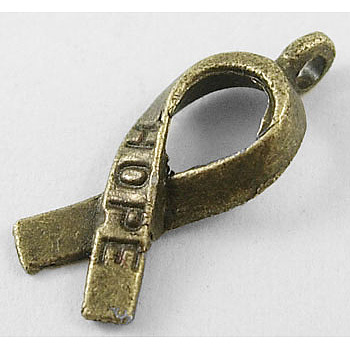 Breast Cancer Awareness Ribbon Carved Word Hope Tibetan Style Alloy Message Pendants, Antique Bronze, Lead Free & Cadmium Free, 18x7.5x3mm, Hole: 1mm