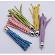 Suede Tassels, with Platinum Color Brass Findings, Nice for DIY Earring or Cell Phone Straps Making, Mixed Color, about 10mm wide, 66mm long, hole: 1mm(MOBA-H001-M)