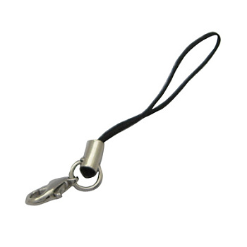 Cord Loop Mobile Phone Straps, with Brass Lobster Claw Clasps, Black, 6cm