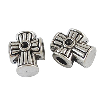 Alloy European Beads, Large Hole Beads,  Lead Free, Cross, Antique Silver, 15x12x8mm, Hole: 4mm