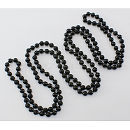 Glass Pearl Beaded Necklaces, 3 Layer Necklaces, Black, Necklace: about 58 inch long, Beads: about 8mm in diameter(N193-38)