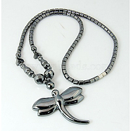 Magnetic Synthetic Hematite Necklaces, with Dragonfly Pendants and Brass Screw Clasps, Black, 525mm(NJEW-C023-14)