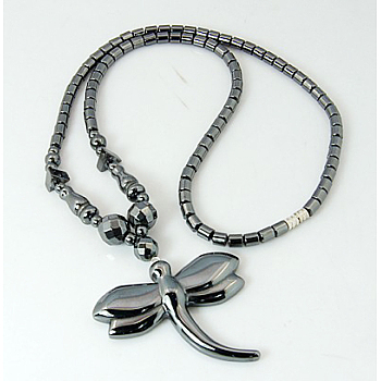 Magnetic Synthetic Hematite Necklaces, with Dragonfly Pendants and Brass Screw Clasps, Black, 525mm