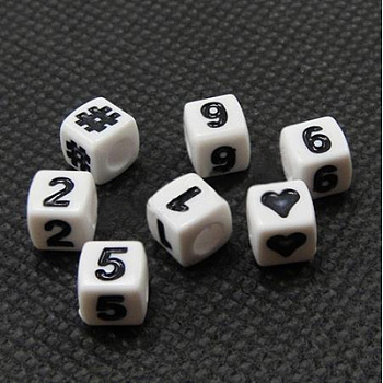 Symbol Acrylic Beads, Cube, Cube, White, 7x7x7mm, Hole: 4mm