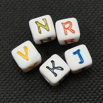 Initial Acrylic Horizontal Hole Beads, Mixed Letters, Cube, White, 11x11x11mm, Hole: 3.5mm