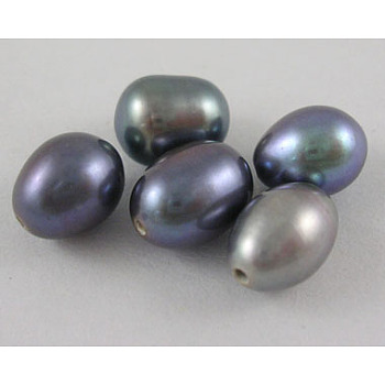 Natural Cultured Freshwater Pearl Beads, Half Drilled Hole, Grade AA, teardrop, Dyed, Peacock, about 6~7mm in diameter, hole: 0.9mm