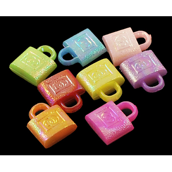Plating Acrylic Charms, AB Color, Mixed Color, Lock, about 13mm long, 11mm wide, 5mm thick, hole: 3x2mm, about 990pcs/500g