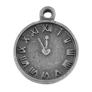 Zinc Alloy Pendants, Antique Clock & Flat Round Charms, Lead Free & Cadmium Free & Nickel Free, Antique Silver, Size: about 16mm long, 13mm wide, 2mm thick, hole: 2mm(PALLOY-A15472-AS-FF)
