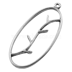 Alloy Pendants, Oval with branch, Antique Silver, 42x19x2mm, Hole: 2mm(PALLOY-EA10907Y-AS-NF)