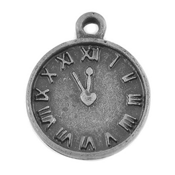 Zinc Alloy Pendants, Antique Clock & Flat Round Charms, Lead Free & Cadmium Free & Nickel Free, Antique Silver, Size: about 16mm long, 13mm wide, 2mm thick, hole: 2mm
