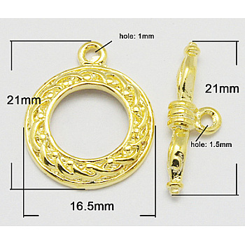 Brass Toggle Clasps, Golden, Ring: 16.5x21mm, hole: 1mm, Bar: 21mm, hole: 1.5mm.