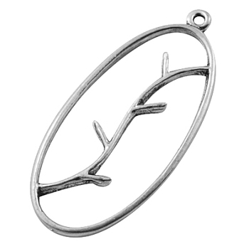 Alloy Pendants, Oval with branch, Antique Silver, 42x19x2mm, Hole: 2mm