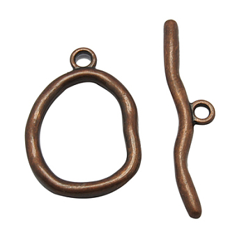 Alloy Toggle Clasps, Cadmium Free & Nickel Free & Lead Free, Red Copper Color, Size: Oval: about 25mm wide, 36mm long, 3mm thick, hole: 3mm, Bar: about 10mm wide, 49mm long, hole: 3mm