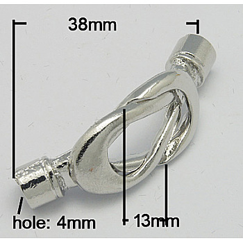 Alloy Magnetic Clasps with Glue-in Ends, Twist, Platinum, 38x13mm, Hole: 4mm