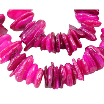 Natural Shell Beads Strands, Chips, Dyed, Hot Pink, about 6~15mm, 1~5mm thick, hole: 1mm, about 190pcs/strand, 15 inch