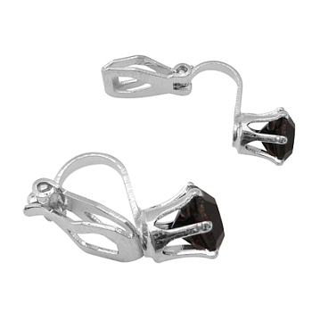 Brass Clip on Earrings, with Black Rhinestone, Silver Color Plated, about 8.5mm wide, 18mm long