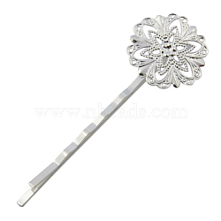 Iron Hair Bobby Pin Findings, with Brass Flower Tray, Silver Color Plated, Tray: 21x21mm, 63x21mm(PHAR-A005-S)