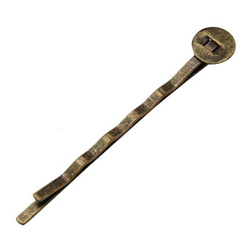 Iron Hair Bobby Pin Findings, Antique Bronze, Size: about 2mm wide, 52mm long, 2mm thick, Tray: 8mm in diameter, 0.5mm thick.