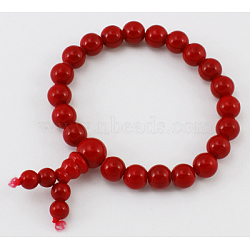 Mala Bead Bracelet, Natural Jade, Dyed, Red, about 6cm inner diameter, Beads: about 8mm in diameter(PJBR002C5)