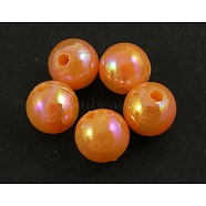 Eco-Friendly Poly Styrene Acrylic Beads, AB Color Plated, Round, Orange, 10mm, Hole: 2mm, about 980pcs/500g(PL426-3)