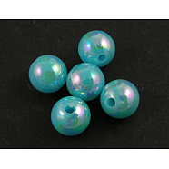 Eco-Friendly Poly Styrene Acrylic Beads, AB Color Plated, Round, Cyan, 10mm, Hole: 2mm, about 980pcs/500g(PL426-5)