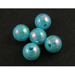 Eco-Friendly Poly Styrene Acrylic Beads, AB Color Plated, Round, Cyan, 10mm, Hole: 2mm, about 980pcs/500g(PL426-5)