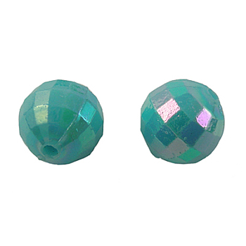 Plating Eco-Friendly Poly Styrene Acrylic Beads, Faceted Round, AB Color, Cyan, about 10mm in diameter, hole: 1mm, about 1030pcs/500g