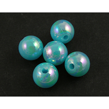 Eco-Friendly Poly Styrene Acrylic Beads, AB Color Plated, Round, Cyan, 10mm, Hole: 2mm, about 980pcs/500g