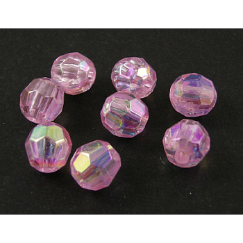 Eco-Friendly Transparent Acrylic Beads, Faceted, Round, AB Color, Pink, 6mm, Hole: 1mm, about 5000pcs/500g