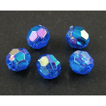 Eco-Friendly Transparent Acrylic Beads, Faceted, Round, AB Color, Blue, 6mm, Hole: 1mm, about 5000pcs/500g