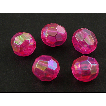Eco-Friendly Transparent Acrylic Beads, Faceted, Round, AB Color, Fuchsia, 6mm, Hole: 1mm, about 5000pcs/500g