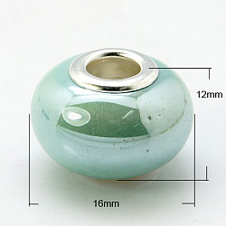Handmade Porcelain European Beads, Large Hole Beads, with Nickel Color Brass Double Cores, Rondelle, Dark Sea Green, 16x12mm, Hole: 5mm(PORC-H009-9)