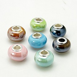 Handmade Porcelain European Beads, Large Hole Beads, with Nickel Color Brass Double Cores, Rondelle, Mixed Color, 16x12mm, Hole: 5mm(PORC-H009-M)