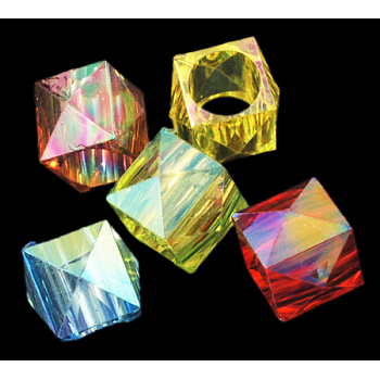Transparent Acrylic Beads, Cuboid, Mixed Color, AB Color, about 9.5mm long, 11mm wide, 11mm thick, hole: 7mm. about 1100pcs/bag