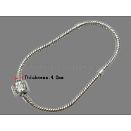 Brass European Style Bracelets with Brass Clasp, Clasps with Love Sign, Platinum Color, the chain: about 19cm long, 3mm thick, the clasp: 11mm long, 9mm wide(PPJ002)