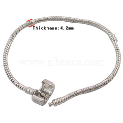 Brass European Style Bracelets, with Brass clasp, Clasp with Love Sign, Platinum Color, about 18cm long, 3mm thick, clasp: 8mm long, 10mm wide(PPJ013Y)
