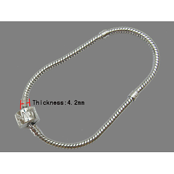 Brass European Style Bracelets with Brass Clasp, Clasps with Love Sign, Platinum Color, the chain: about 19cm long, 3mm thick, the clasp: 11mm long, 9mm wide