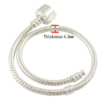 Brass European Bracelets, with Brass Clasp, Silver Color Plated, about 15cm long(Excluding the length of lcok), 3mm thick, 2mm hole