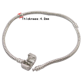 Brass European Style Bracelets, with Brass clasp, Clasp with Love Sign, Platinum Color, about 18cm long, 3mm thick, clasp: 8mm long, 10mm wide